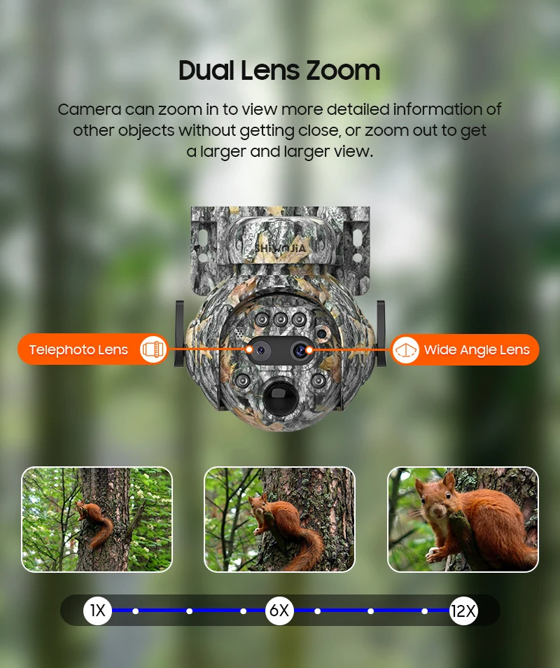 SHIWOJIA 12X ZOOM 4K 8MP Solar Camera Dual lens 4G 360° View Camouflage Color Outdoor Hunting Camera 7800mAh Battery Ubox app