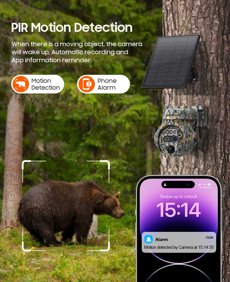 SHIWOJIA 12X ZOOM 4K 8MP Solar Camera Dual lens 4G 360° View Camouflage Color Outdoor Hunting Camera 7800mAh Battery Ubox app
