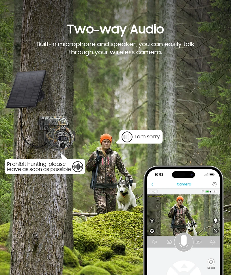SHIWOJIA 12X ZOOM 4K 8MP Solar Camera Dual lens 4G 360° View Camouflage Color Outdoor Hunting Camera 7800mAh Battery Ubox app