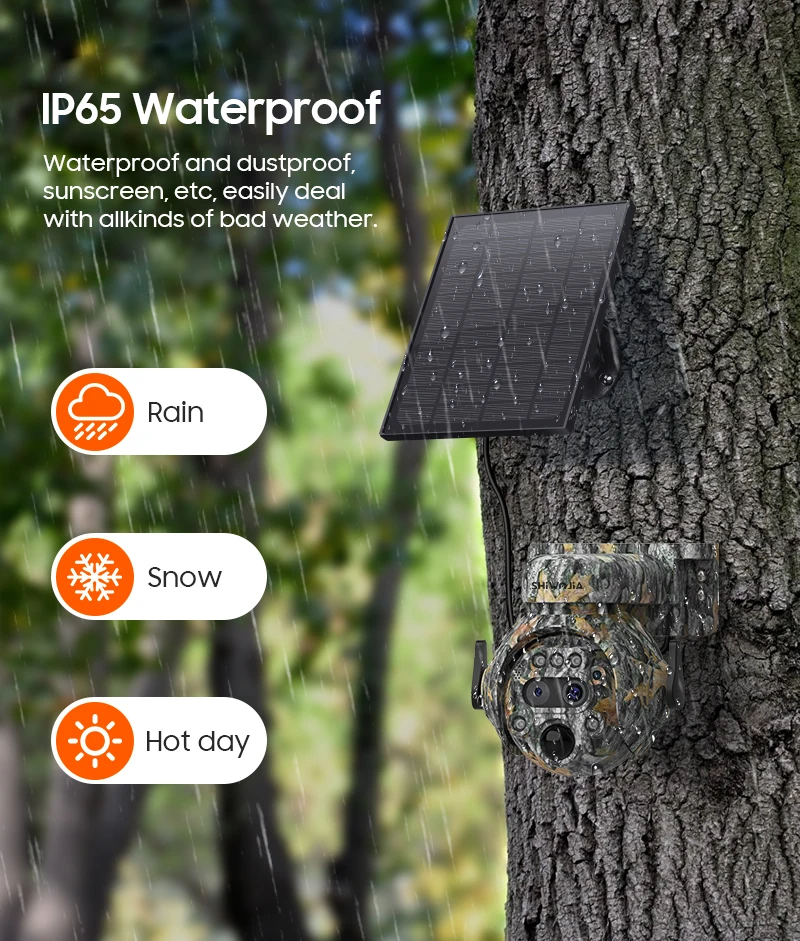 SHIWOJIA 12X ZOOM 4K 8MP Solar Camera Dual lens 4G 360° View Camouflage Color Outdoor Hunting Camera 7800mAh Battery Ubox app