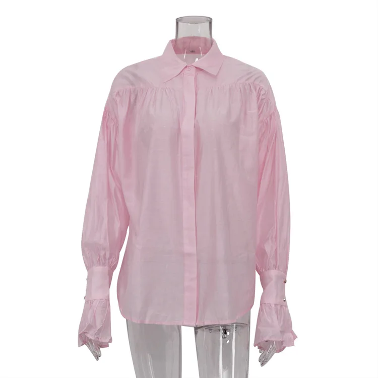 Bornladies Autumn Women's Fashionable Loose Collared Shirt Office Lady Solid Color Versatile Flare Sleeve Top Long Sleeved Shirt