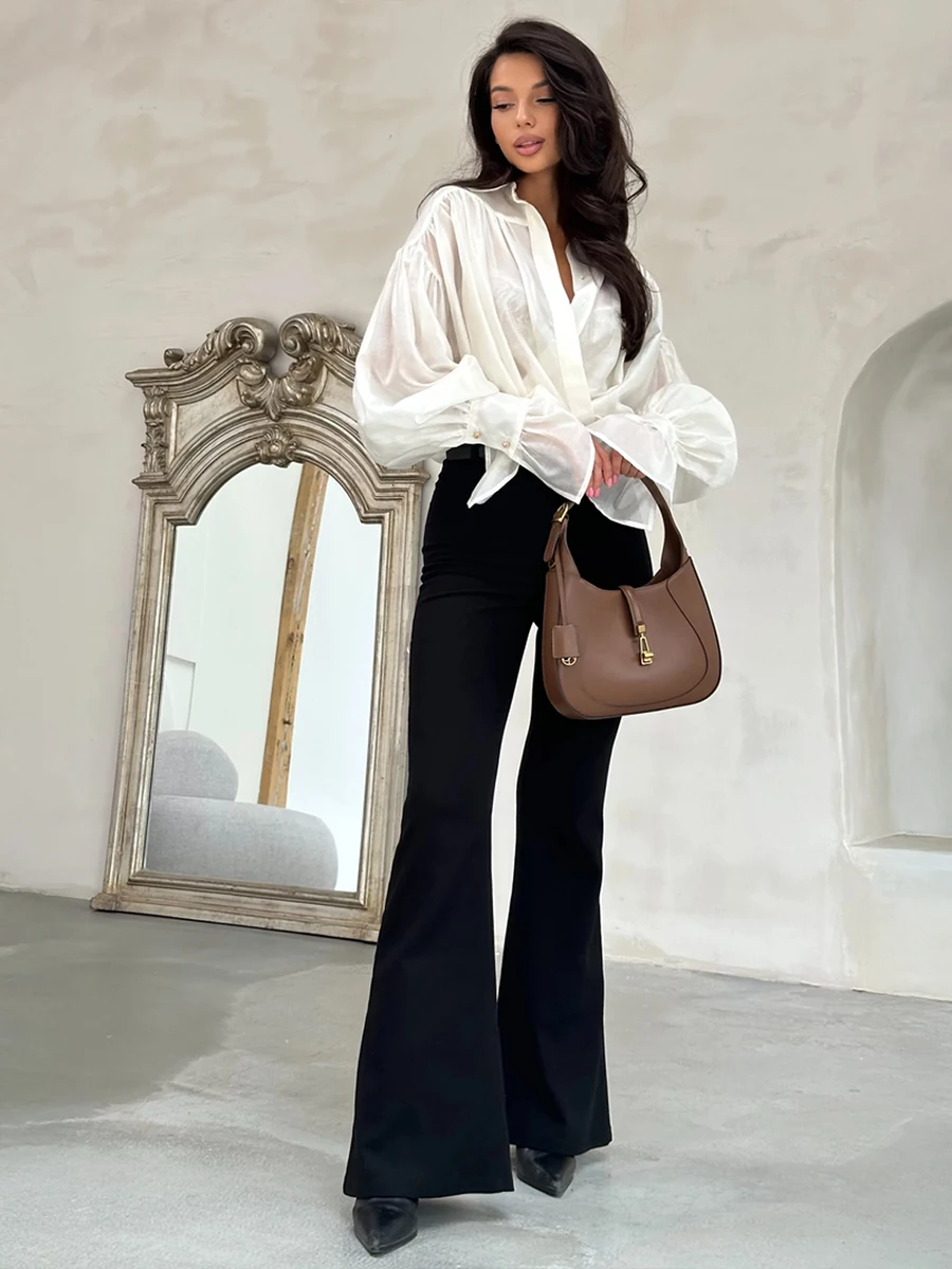 Bornladies Autumn Women's Fashionable Loose Collared Shirt Office Lady Solid Color Versatile Flare Sleeve Top Long Sleeved Shirt