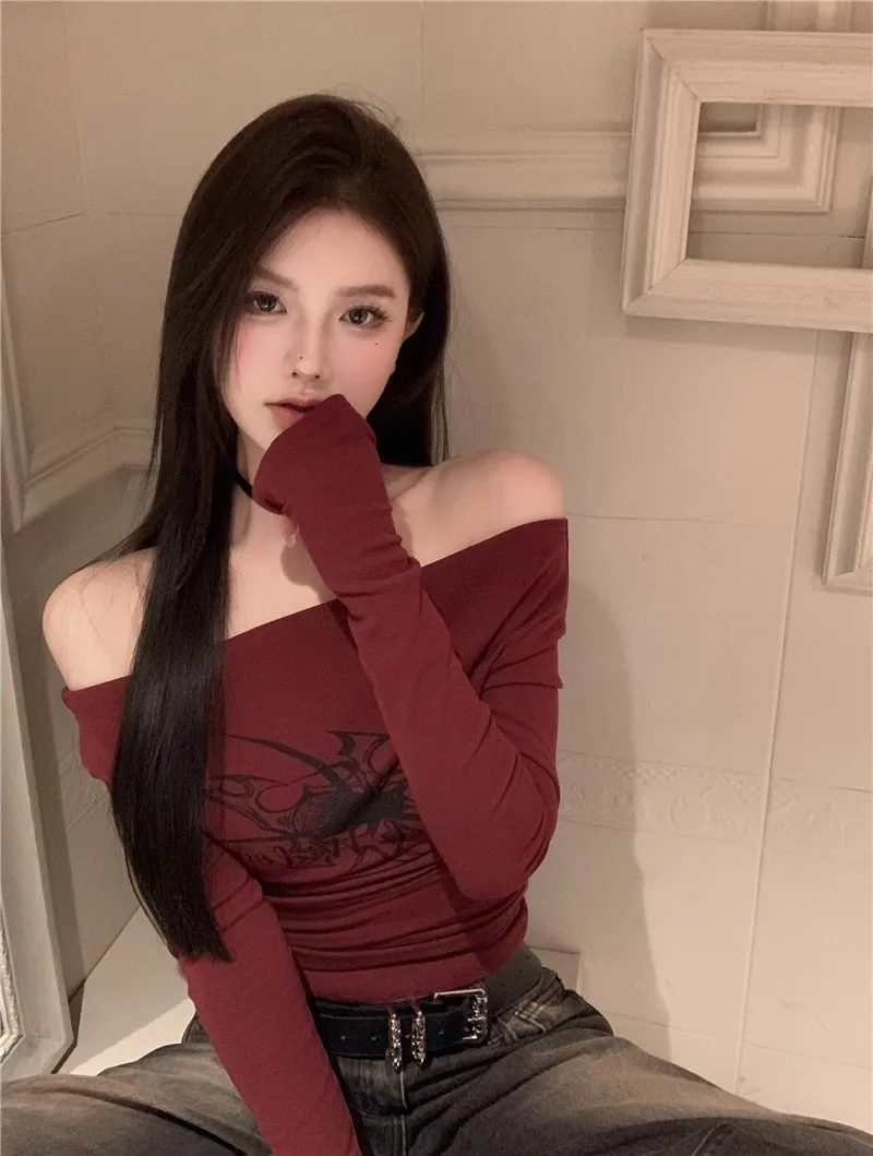 T Shirt Women Long Sleeve Off Shoulder Y2k Vintage Tops Streetwear Korean Style Crop Tops Autumn