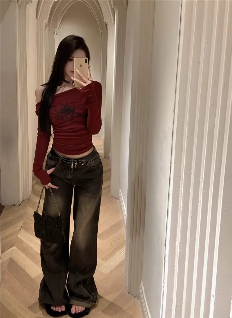 T Shirt Women Long Sleeve Off Shoulder Y2k Vintage Tops Streetwear Korean Style Crop Tops Autumn