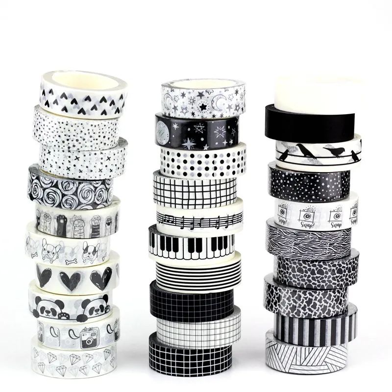 NEW 1PC 10M Decorative Black and White Japanese Washi Tape Set DIY Journaling Adhesive Moon Masking Tape Cute Stationery