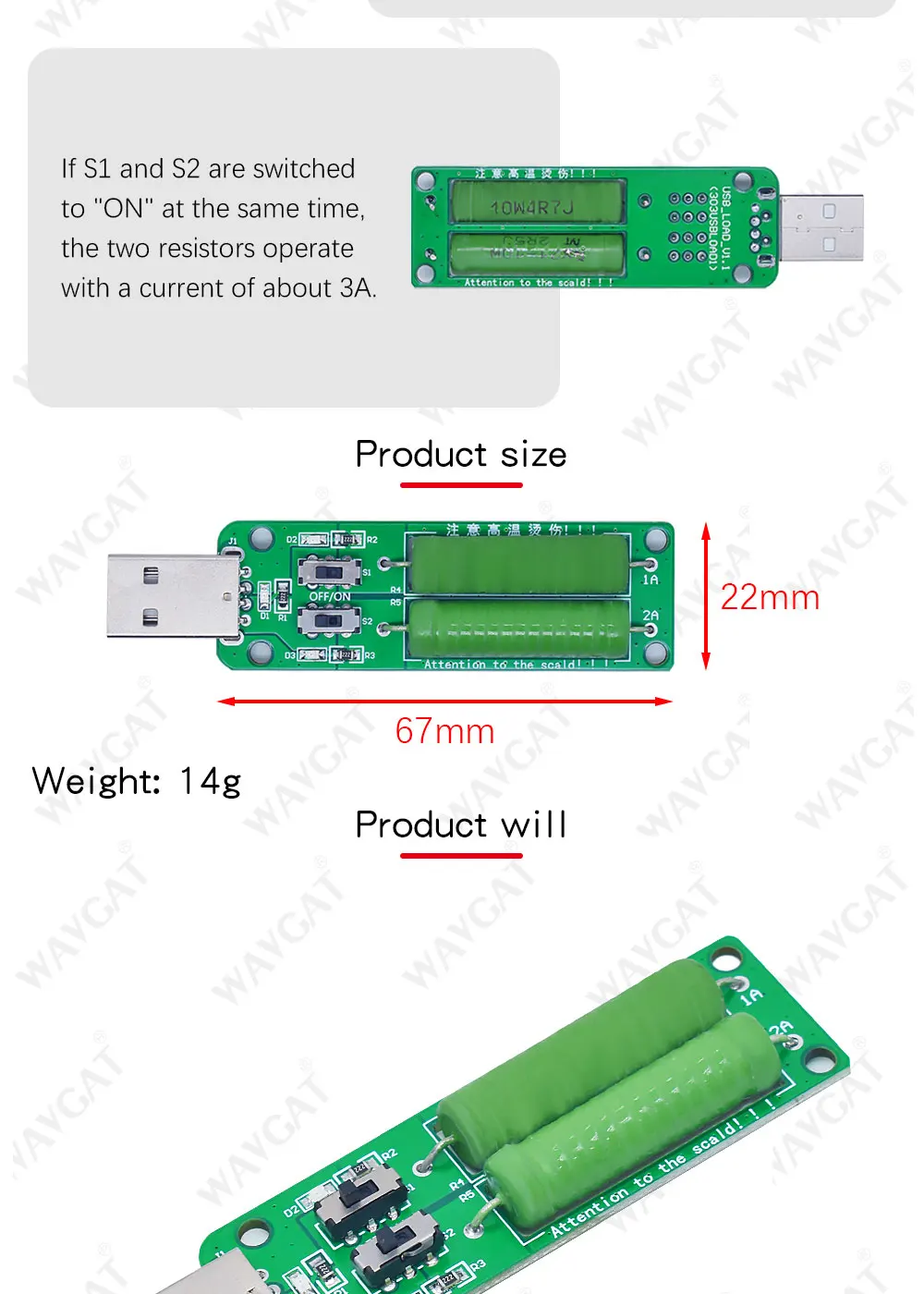 LIZAO USB Resistor Electronic Load Switch Adjustable 3 Current 5V Resistance Tester