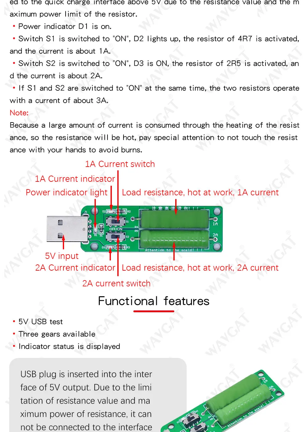 LIZAO USB Resistor Electronic Load Switch Adjustable 3 Current 5V Resistance Tester