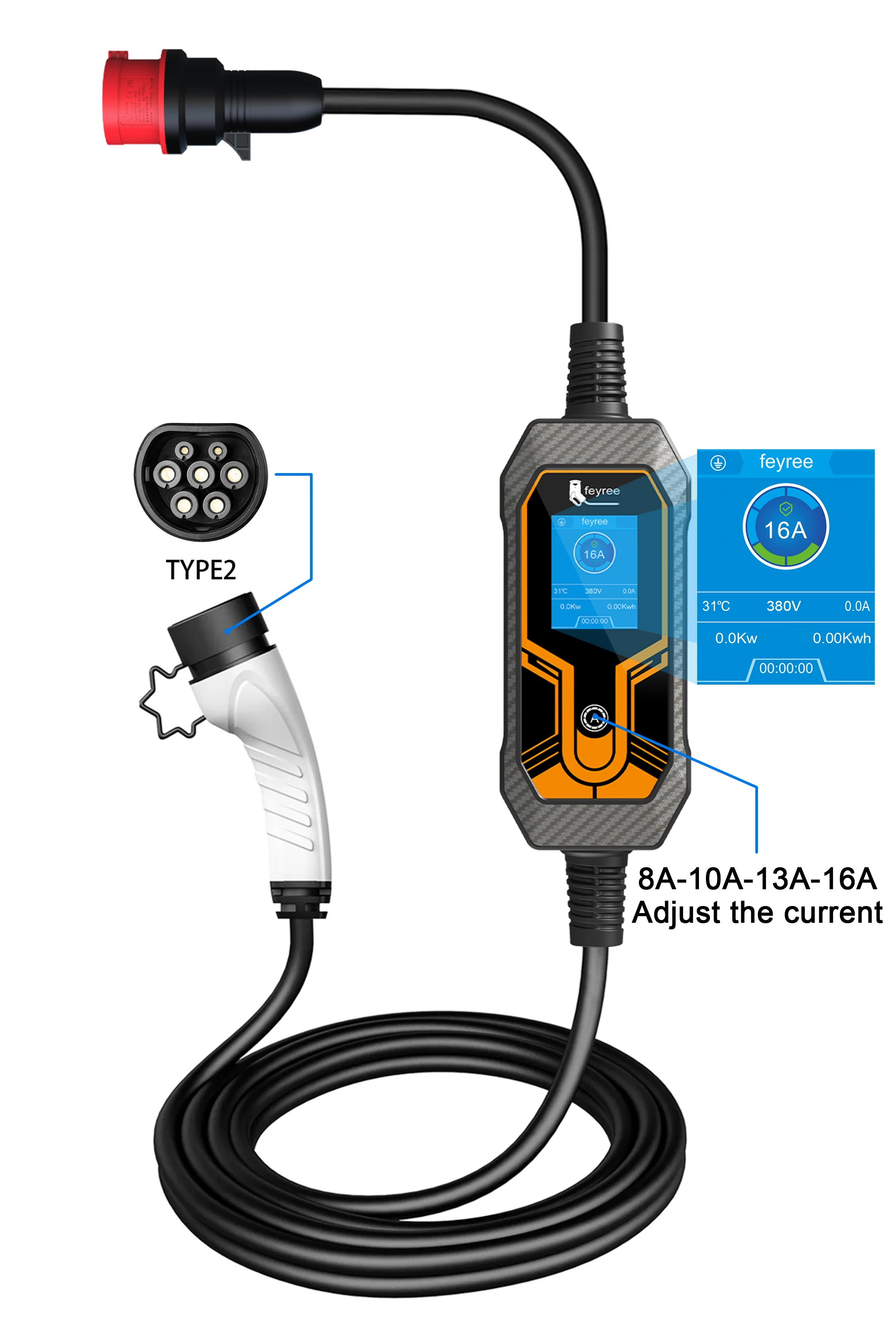 Feyree 11KW 16A EV Portable Charger Type2 EVSE Charging Box Electric Car Charger CEE Plug IEC62196-2 Electric Vehicle Charger