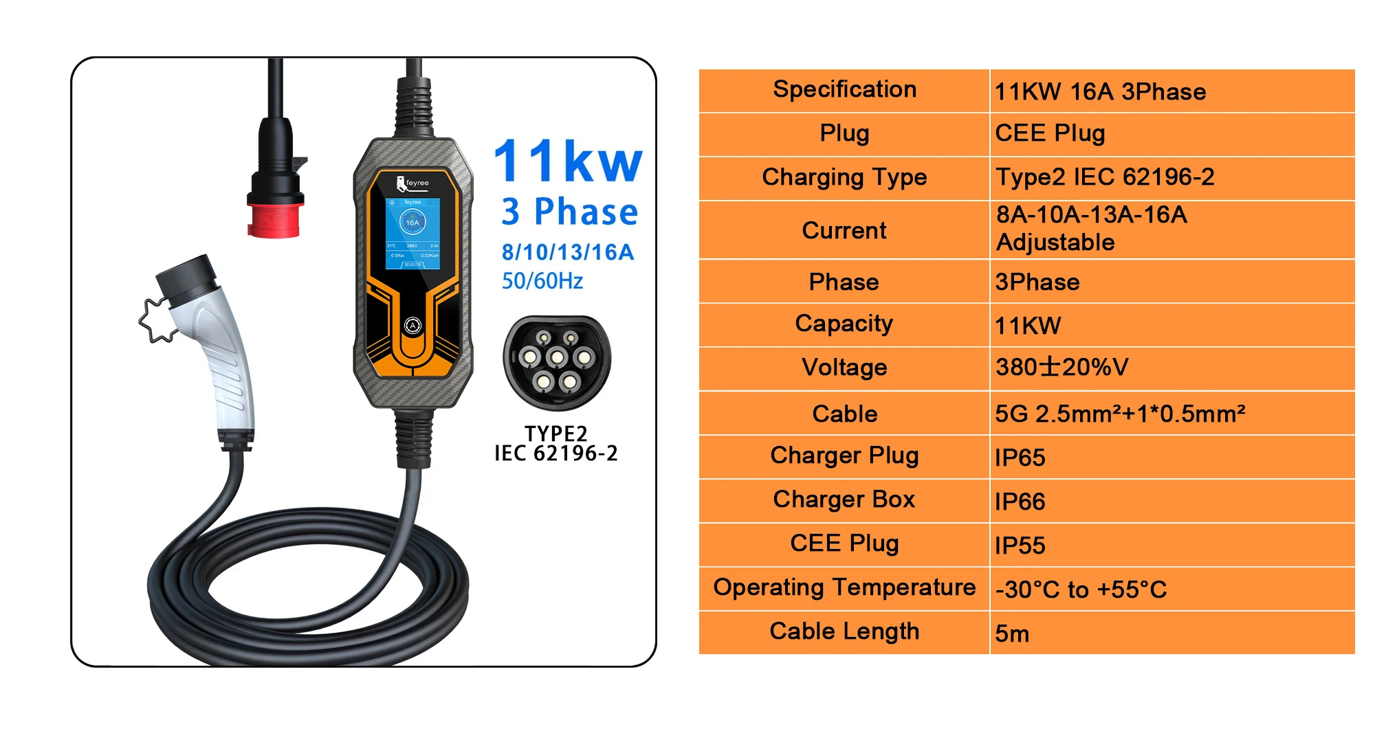 Feyree 11KW 16A EV Portable Charger Type2 EVSE Charging Box Electric Car Charger CEE Plug IEC62196-2 Electric Vehicle Charger