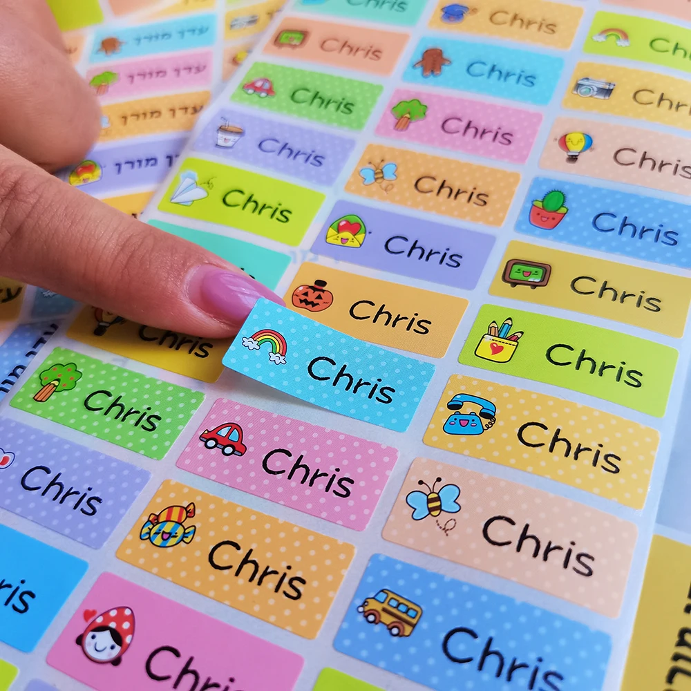 120pcs 30x13mm Hebrew Names Stickers Children Labels Water Proof Decals Multi Color Labels Tags Gold Laser Paper Any Language