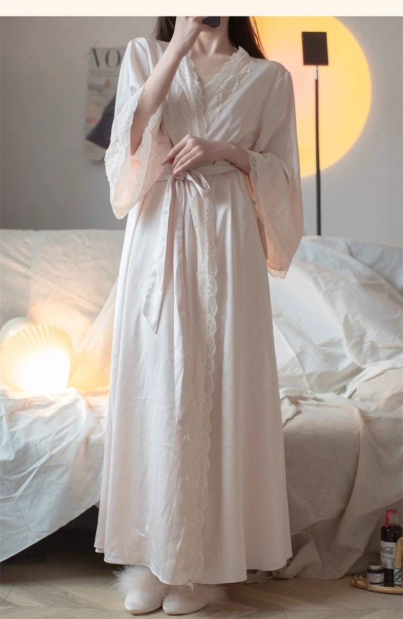 New Female Long Robe Nightgown Set Sexy Lace Trim Sleepwear Suspender Nightdress Spring Summer Casual Satin Home Dress Bathrobe