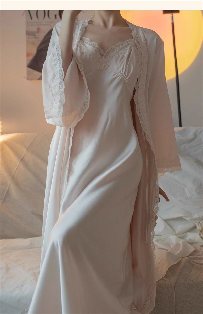 New Female Long Robe Nightgown Set Sexy Lace Trim Sleepwear Suspender Nightdress Spring Summer Casual Satin Home Dress Bathrobe