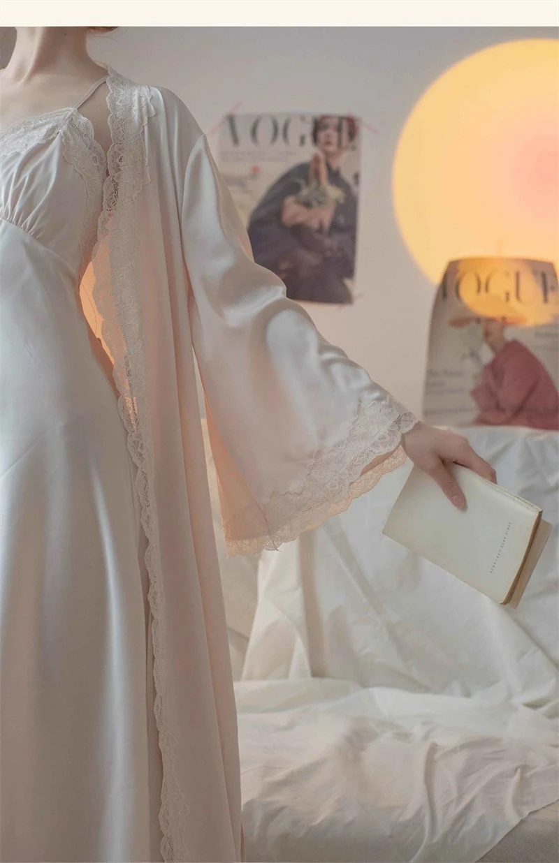 New Female Long Robe Nightgown Set Sexy Lace Trim Sleepwear Suspender Nightdress Spring Summer Casual Satin Home Dress Bathrobe