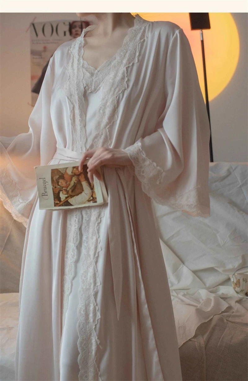 New Female Long Robe Nightgown Set Sexy Lace Trim Sleepwear Suspender Nightdress Spring Summer Casual Satin Home Dress Bathrobe