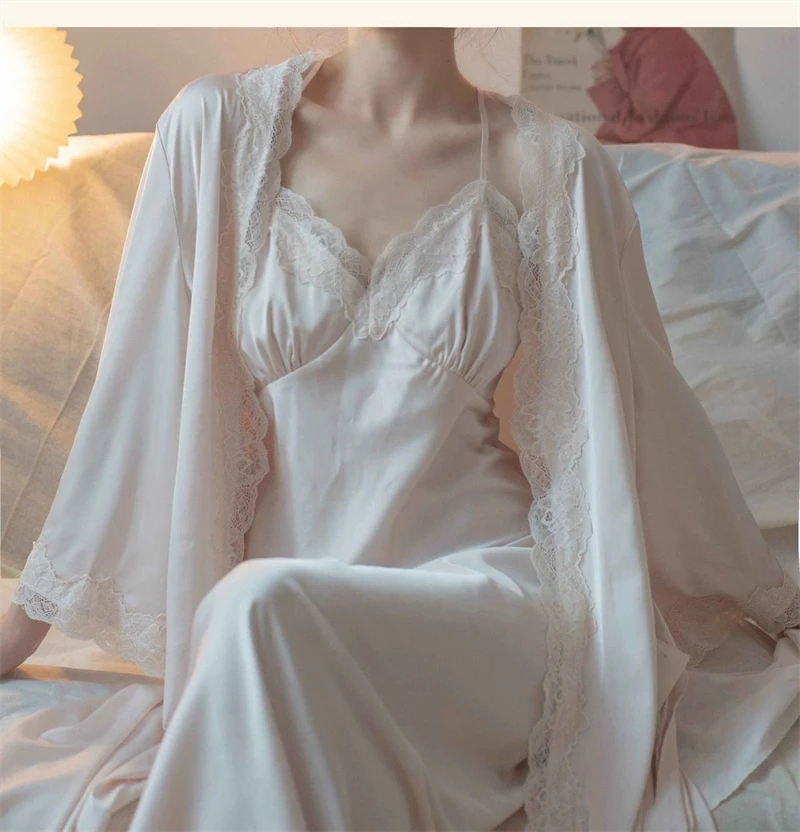 New Female Long Robe Nightgown Set Sexy Lace Trim Sleepwear Suspender Nightdress Spring Summer Casual Satin Home Dress Bathrobe