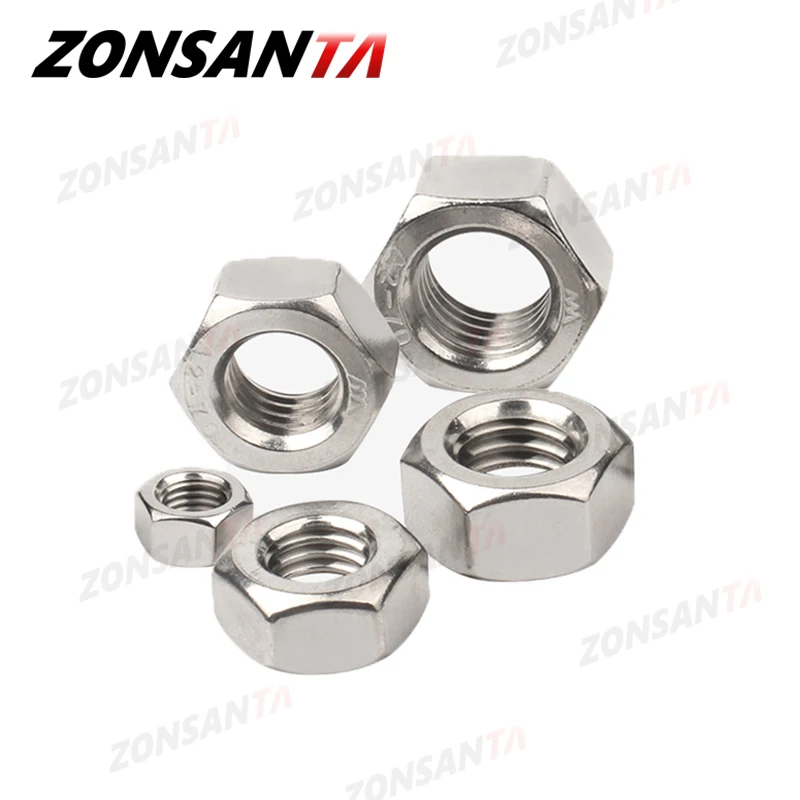 ZONSANTA Metric 304 Stainless Steel Hex Hexagon Nut DIN934 M1 M1.2 M1.4 M1.6 M2 M2.5 M3 M4 M5 M6 M8 M10 M12 M16 M20 Screw Nuts