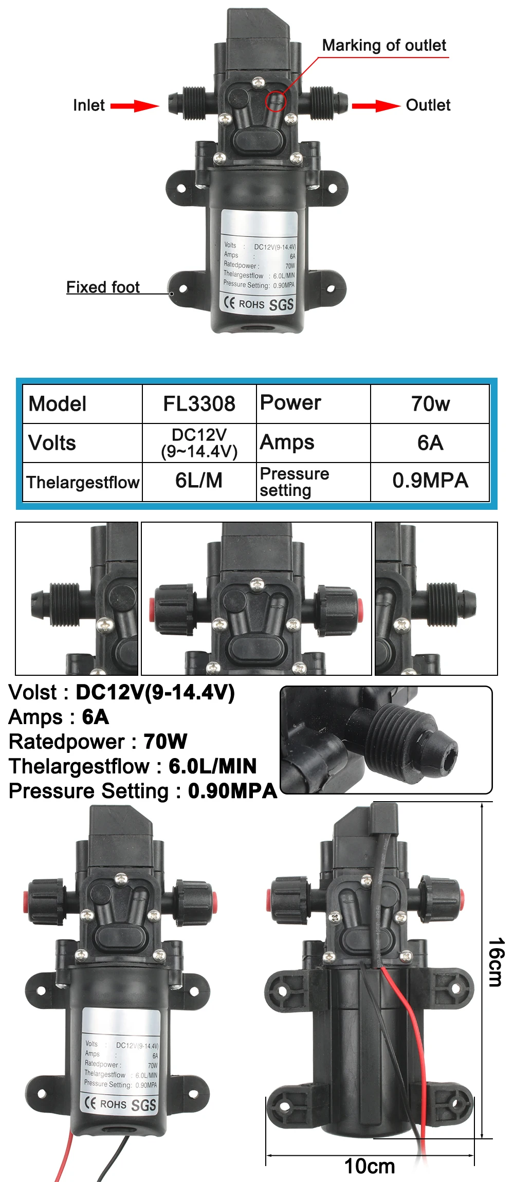 DC 12V 130PSI 6L/Min Water High Pressure Diaphragm Self Priming Pump 70W 72W with EU plug power supply 6A pipe 1/2