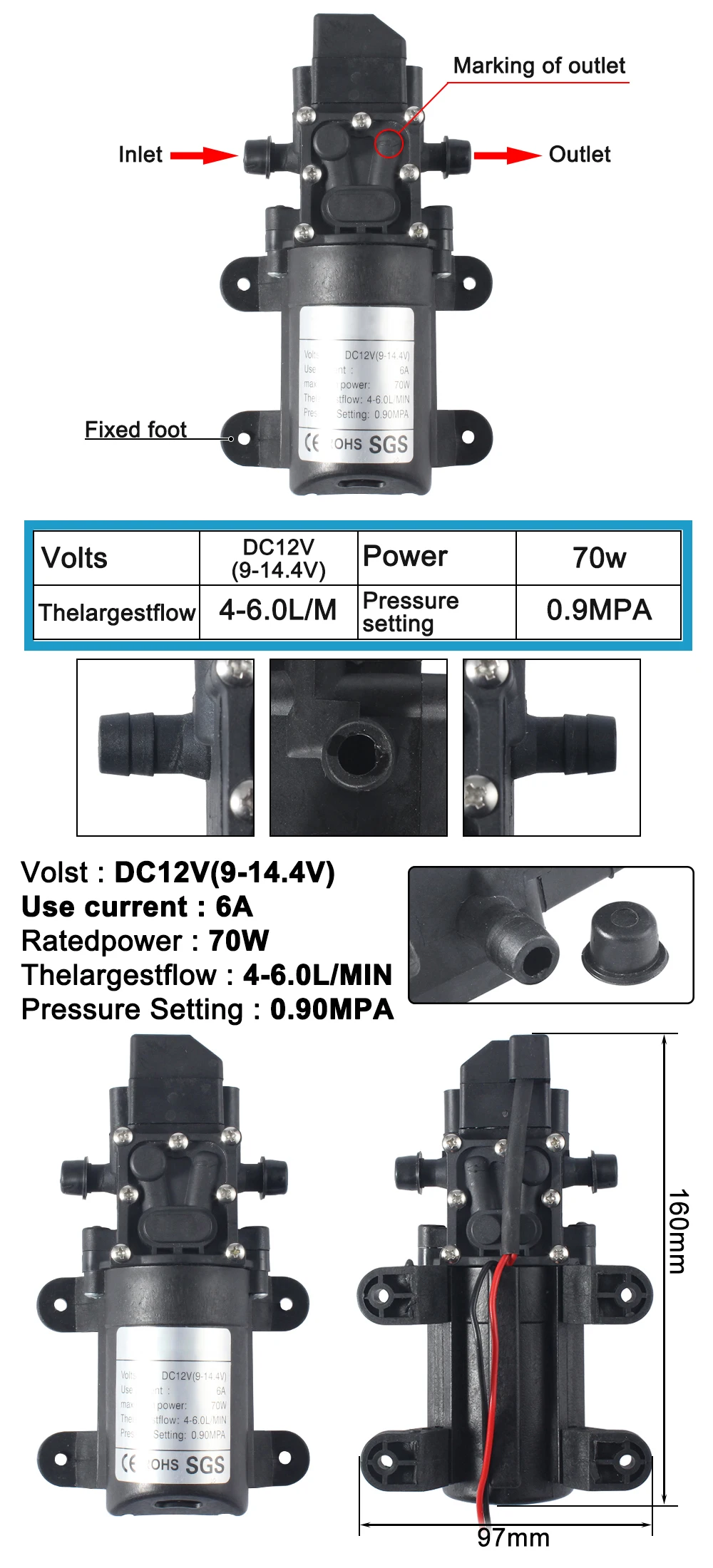 DC 12V 130PSI 6L/Min Water High Pressure Diaphragm Self Priming Pump 70W 72W with EU plug power supply 6A pipe 1/2
