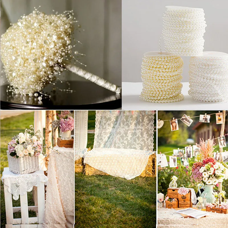 10m 3mm and 8mm Craft Square Imitation Pearl Beads Cotton Line Chain For DIY Wedding Party Decoration Party accessior