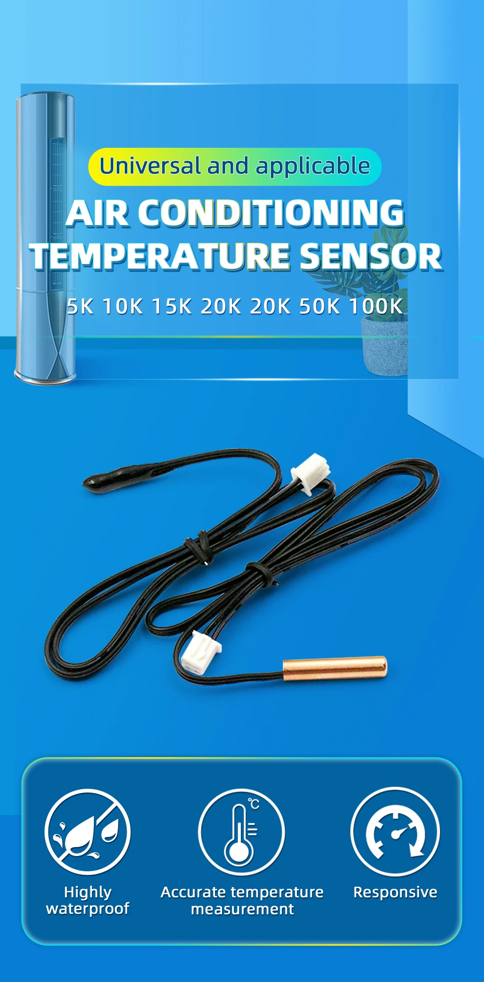 1pcs 40cm Air Conditioning Temperature Sensor 5K 10K 15K 20K 50K 100K Air Conditioner Tube Sensor Rubber Head Copper Head