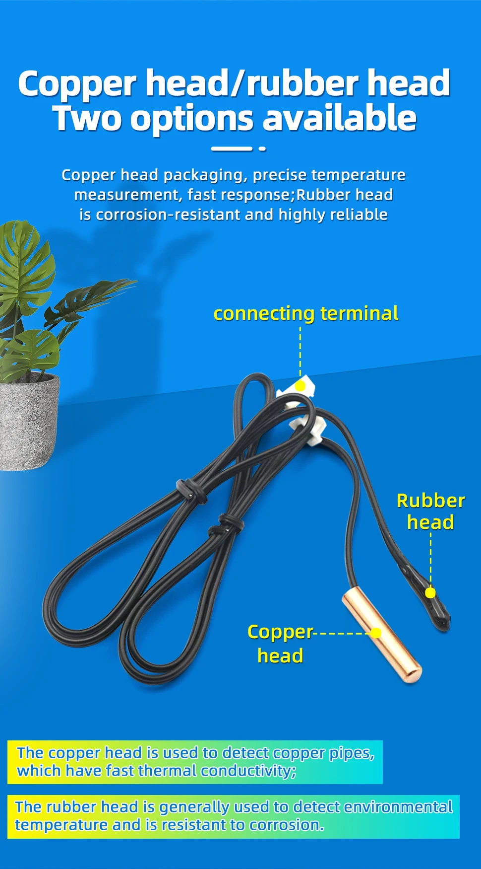 1pcs 40cm Air Conditioning Temperature Sensor 5K 10K 15K 20K 50K 100K Air Conditioner Tube Sensor Rubber Head Copper Head