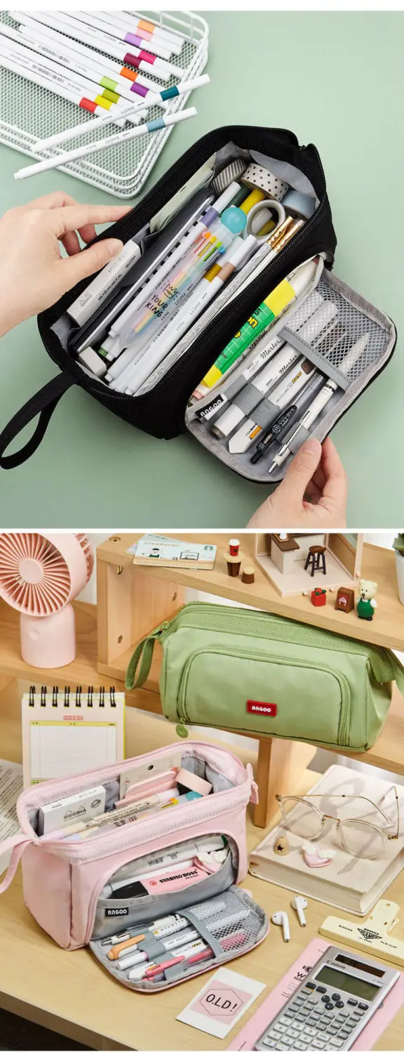 Angoo Cute Pencil Case Special Macaron Color Side Window Canvas Big Pencil Pouch Pen Box Storage Bag Student School Stationery