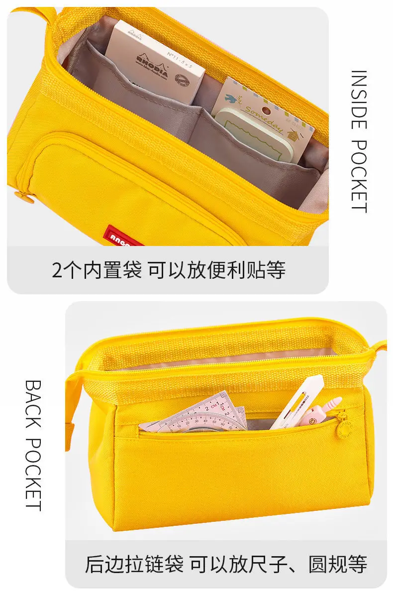 Angoo Cute Pencil Case Special Macaron Color Side Window Canvas Big Pencil Pouch Pen Box Storage Bag Student School Stationery