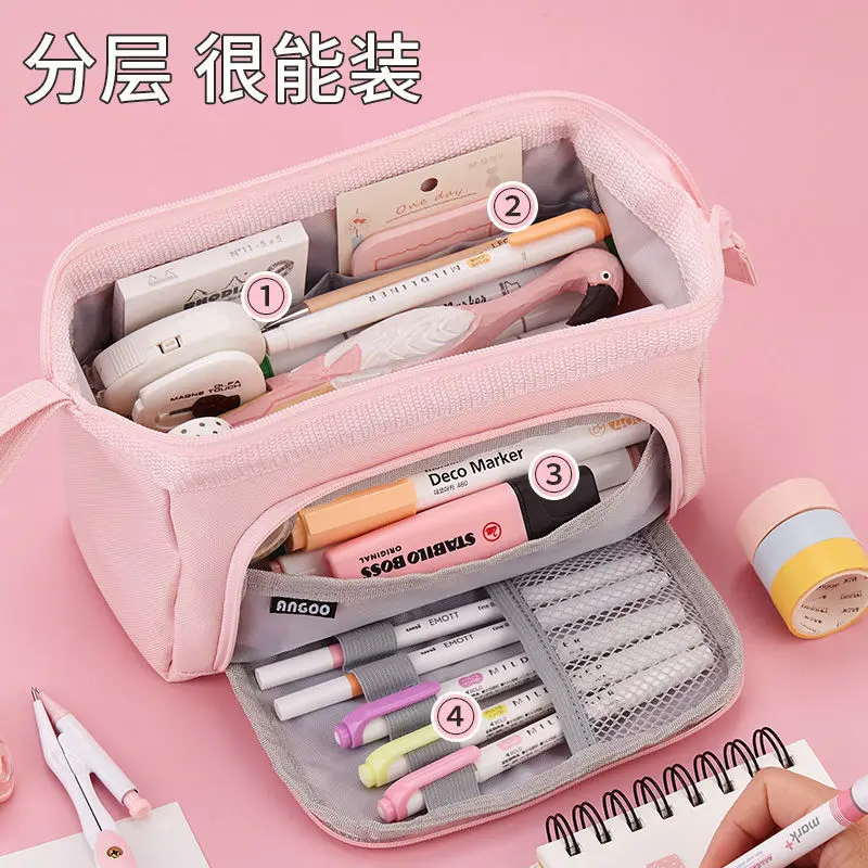 Angoo Cute Pencil Case Special Macaron Color Side Window Canvas Big Pencil Pouch Pen Box Storage Bag Student School Stationery