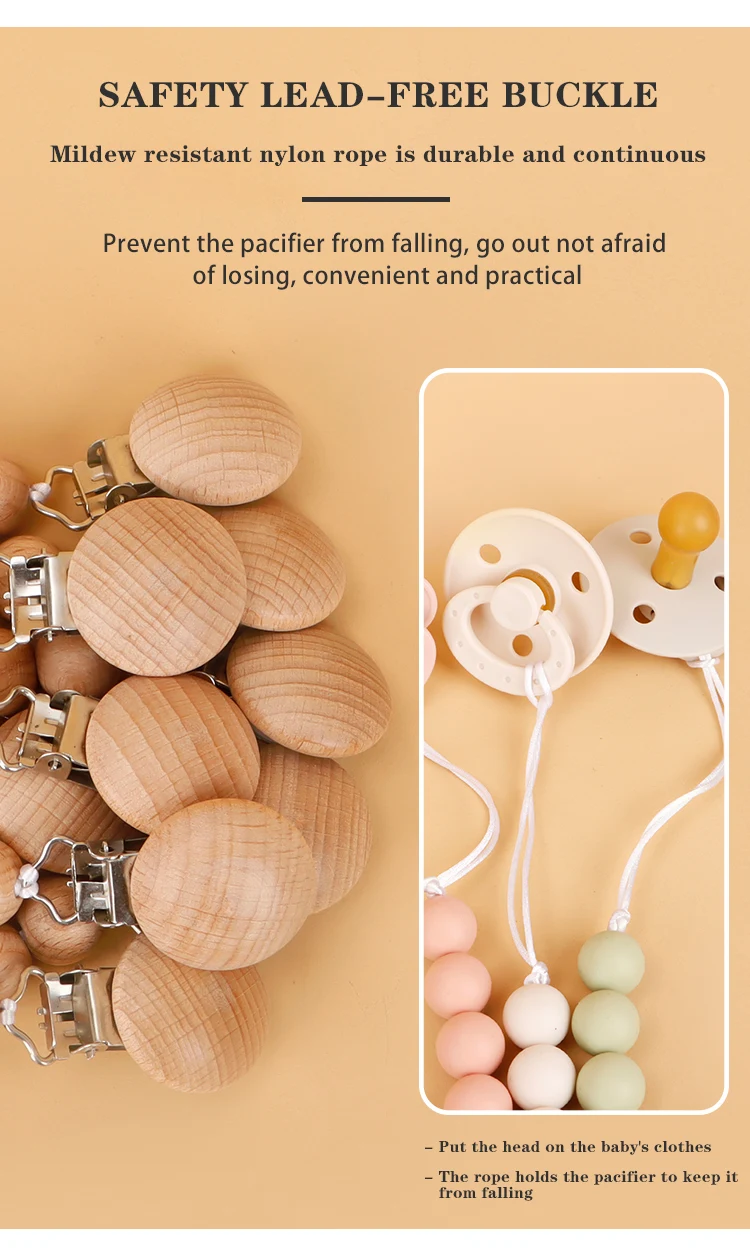 Modabebe Silicone Pacifier Chain BPA Free Baby Pacifier Anti-Drop Chain Wood Bead Pacifier Clips Dummy Chain