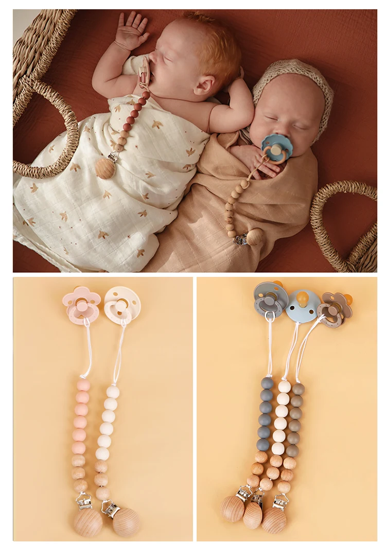 Modabebe Silicone Pacifier Chain BPA Free Baby Pacifier Anti-Drop Chain Wood Bead Pacifier Clips Dummy Chain