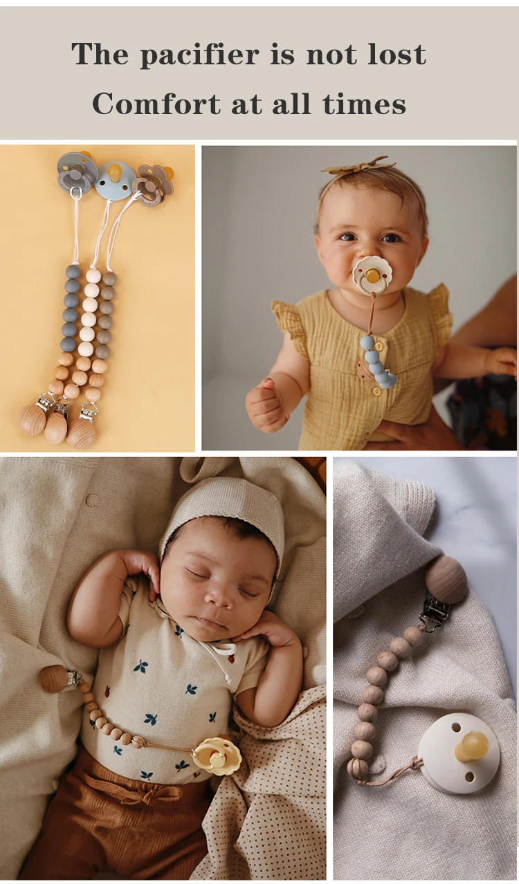 Modabebe Silicone Pacifier Chain BPA Free Baby Pacifier Anti-Drop Chain Wood Bead Pacifier Clips Dummy Chain