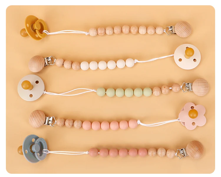Modabebe Silicone Pacifier Chain BPA Free Baby Pacifier Anti-Drop Chain Wood Bead Pacifier Clips Dummy Chain