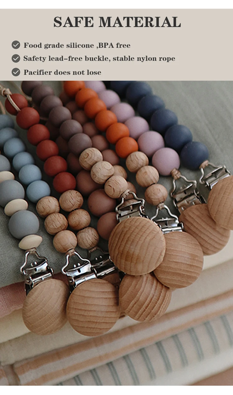 Modabebe Silicone Pacifier Chain BPA Free Baby Pacifier Anti-Drop Chain Wood Bead Pacifier Clips Dummy Chain