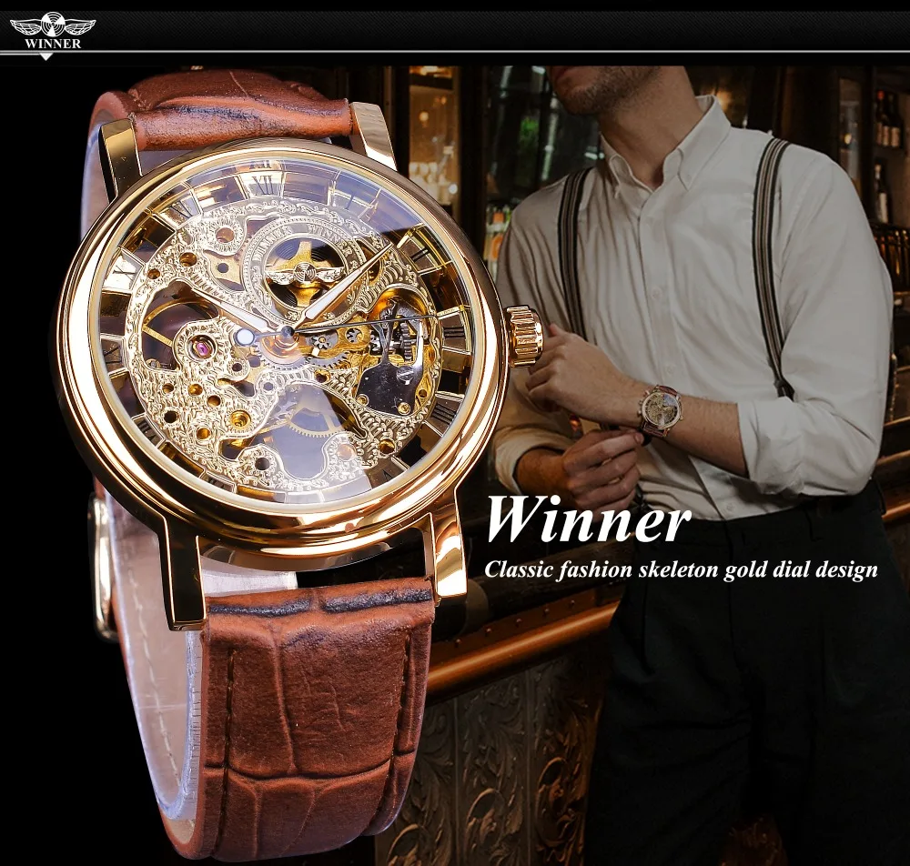 Winner Transparent Fashion Case Luxury Casual Design Leather Strap Mens Watches Top Brand Luxury Mechanical Skeleton Watch