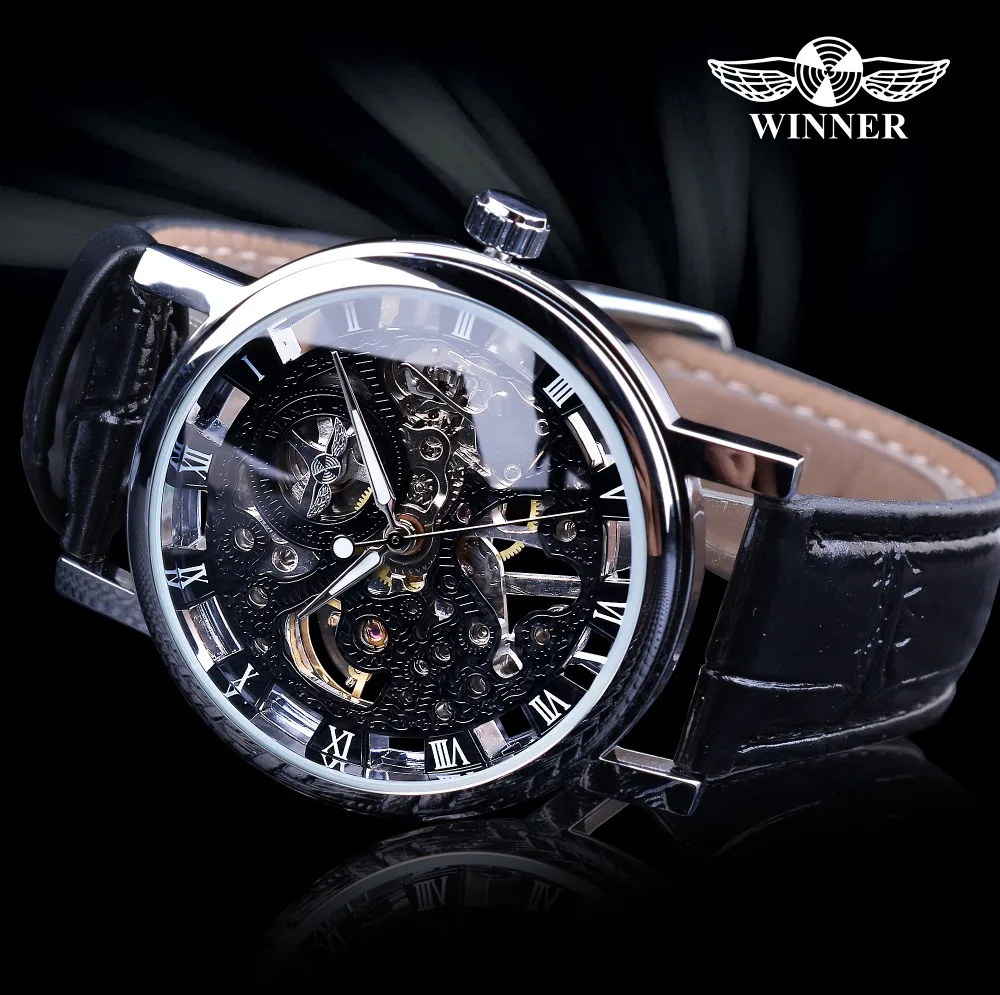 Winner Transparent Fashion Case Luxury Casual Design Leather Strap Mens Watches Top Brand Luxury Mechanical Skeleton Watch