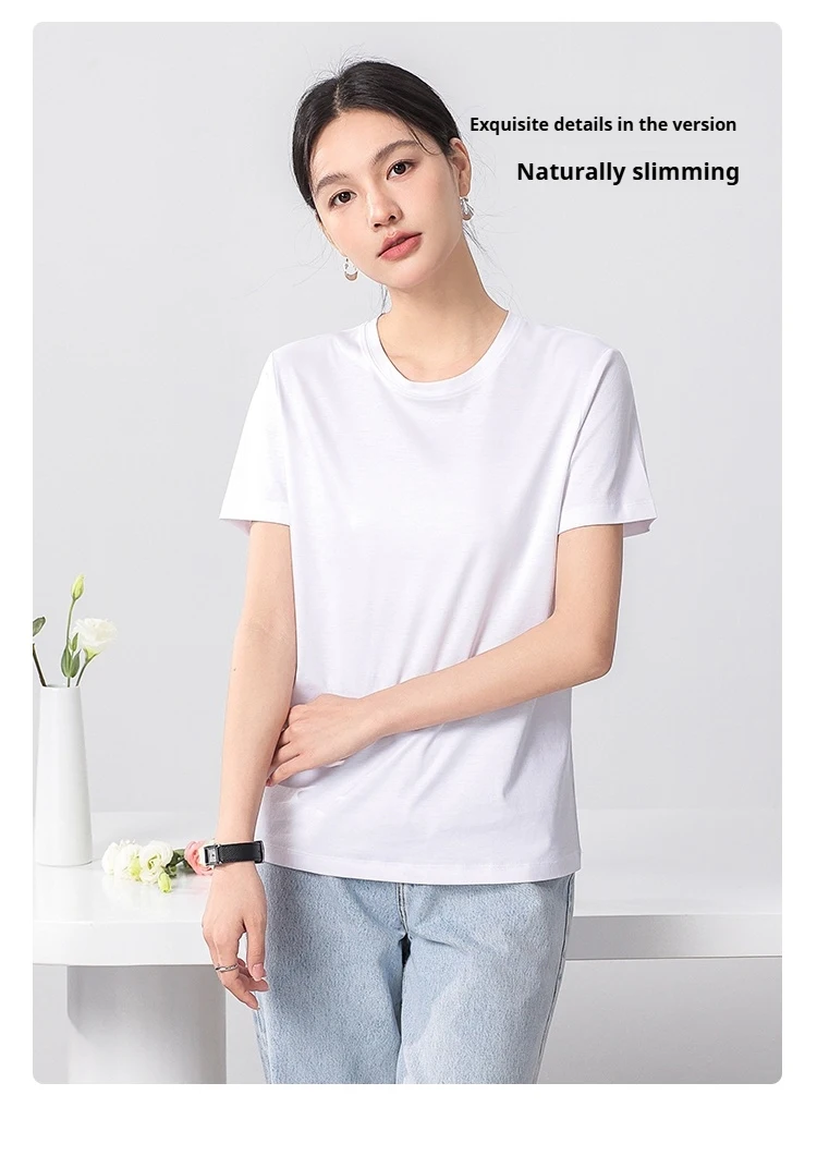 High-end New 10% Silk & Mercerized Cotton Women T-shirt Luxury Tee Short Sleeve Silky Feeling Summer Wear  Tops V / O-neck
