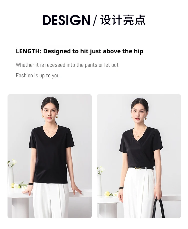 High-end New 10% Silk & Mercerized Cotton Women T-shirt Luxury Tee Short Sleeve Silky Feeling Summer Wear  Tops V / O-neck