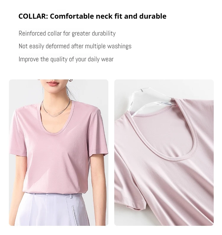 High-end New 10% Silk & Mercerized Cotton Women T-shirt Luxury Tee Short Sleeve Silky Feeling Summer Wear  Tops V / O-neck