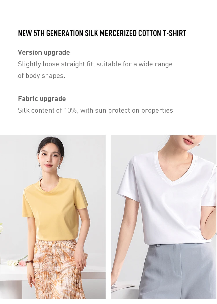 High-end New 10% Silk & Mercerized Cotton Women T-shirt Luxury Tee Short Sleeve Silky Feeling Summer Wear  Tops V / O-neck