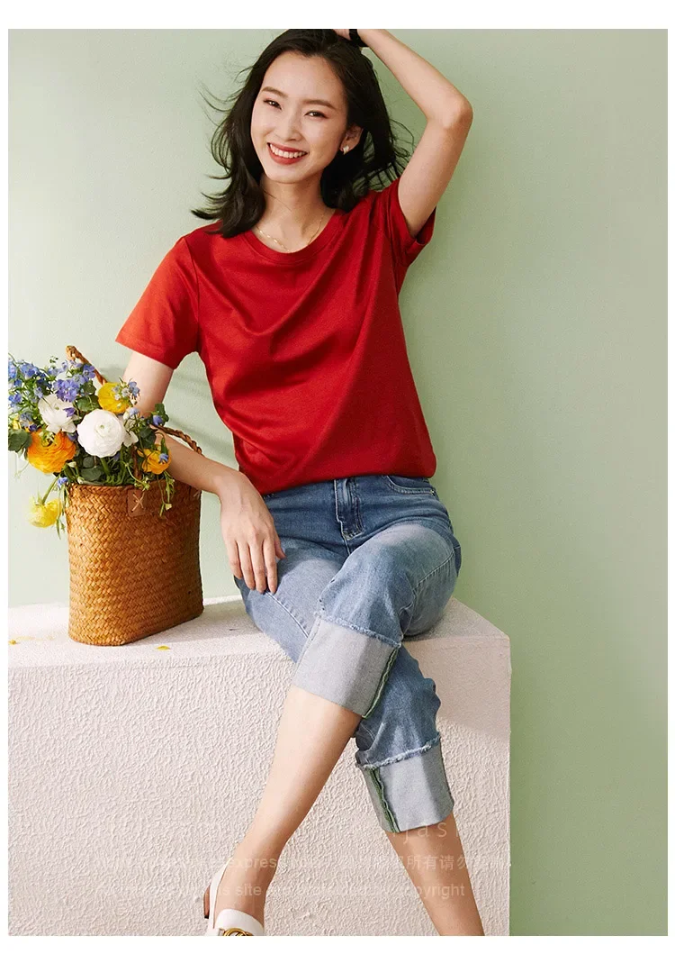 High-end New 10% Silk & Mercerized Cotton Women T-shirt Luxury Tee Short Sleeve Silky Feeling Summer Wear  Tops V / O-neck