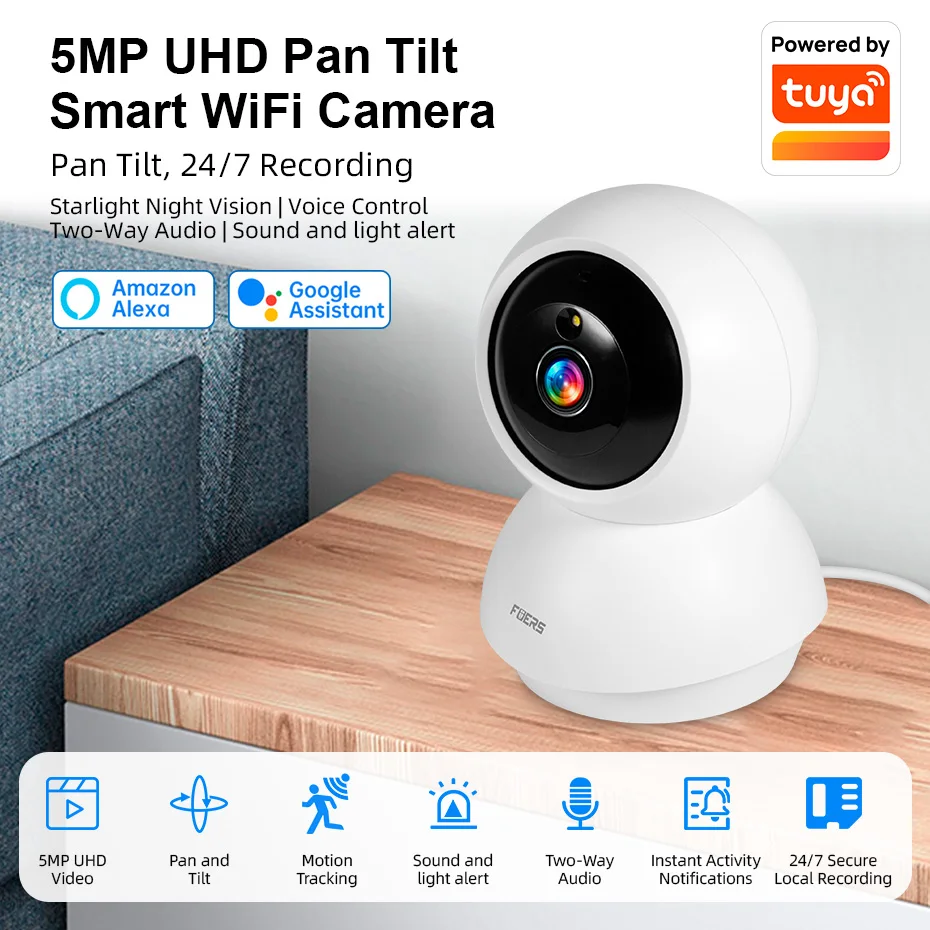 Fuers 5MP WiFi Camera Works With Tuya Smart Home Indoor Wireless IP Surveillance Camera AI Detect Security Baby Monitor