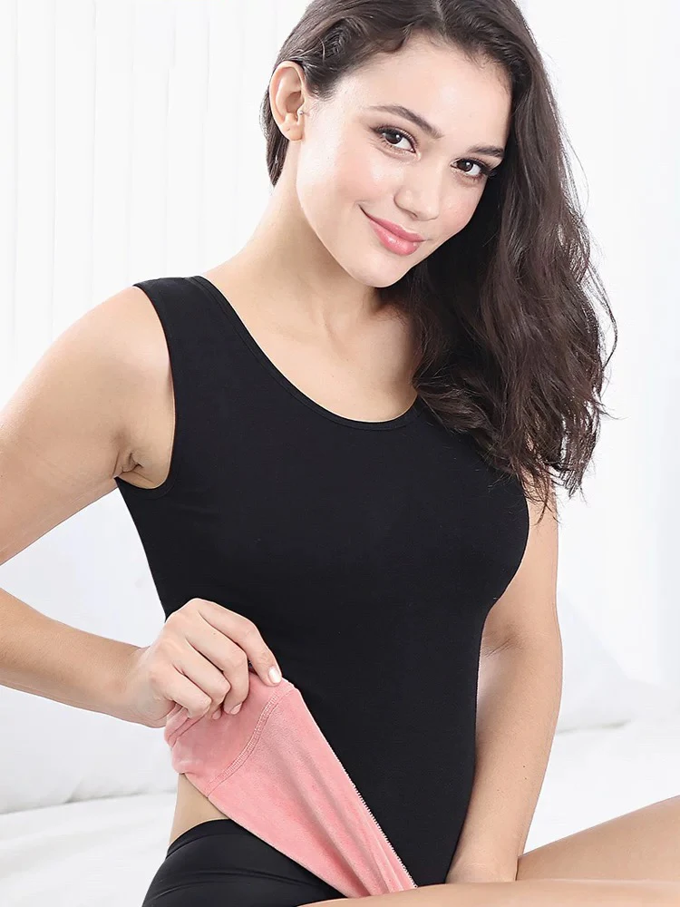 Women's Winter Thermal Underwear Top Seamless Plus Velvet Shirt Sleeveless Vest Warm Female Undershirt Solid Color Sexy Lingerie