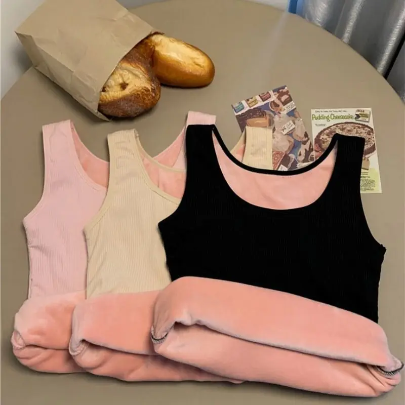 Women's Winter Thermal Underwear Top Seamless Plus Velvet Shirt Sleeveless Vest Warm Female Undershirt Solid Color Sexy Lingerie
