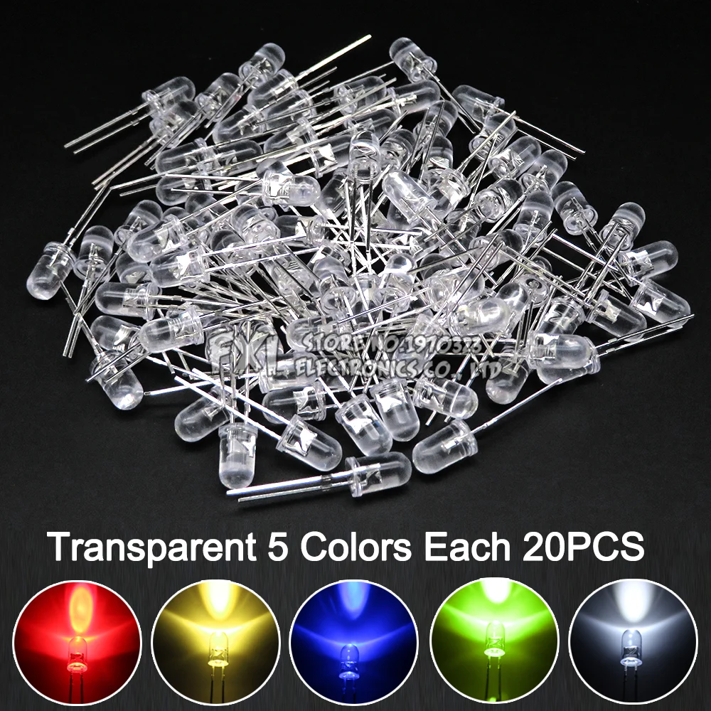 100PCS F5 LED Diode 5MM Assorted Kit White Green Red Blue Yellow Orange Pink Purple Warm White DIY kit Light Emitting Diode bxv
