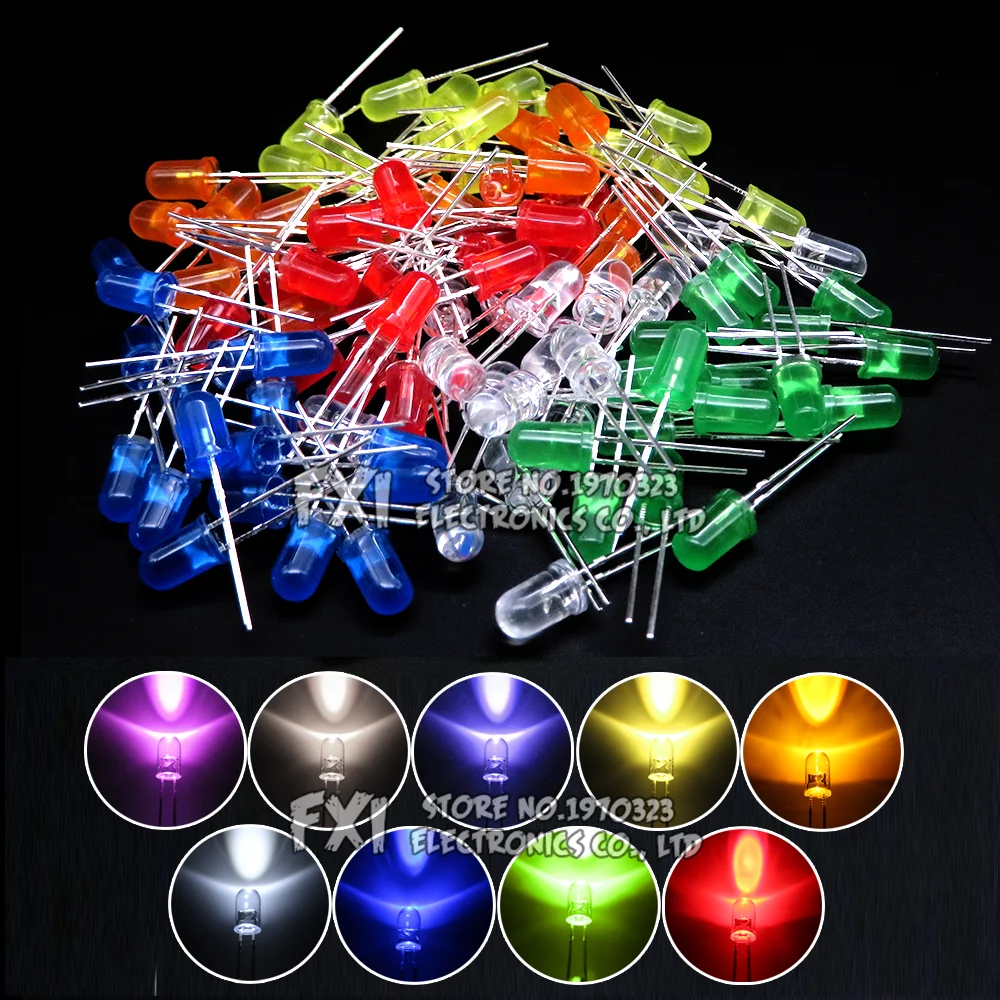 100PCS F5 LED Diode 5MM Assorted Kit White Green Red Blue Yellow Orange Pink Purple Warm White DIY kit Light Emitting Diode bxv