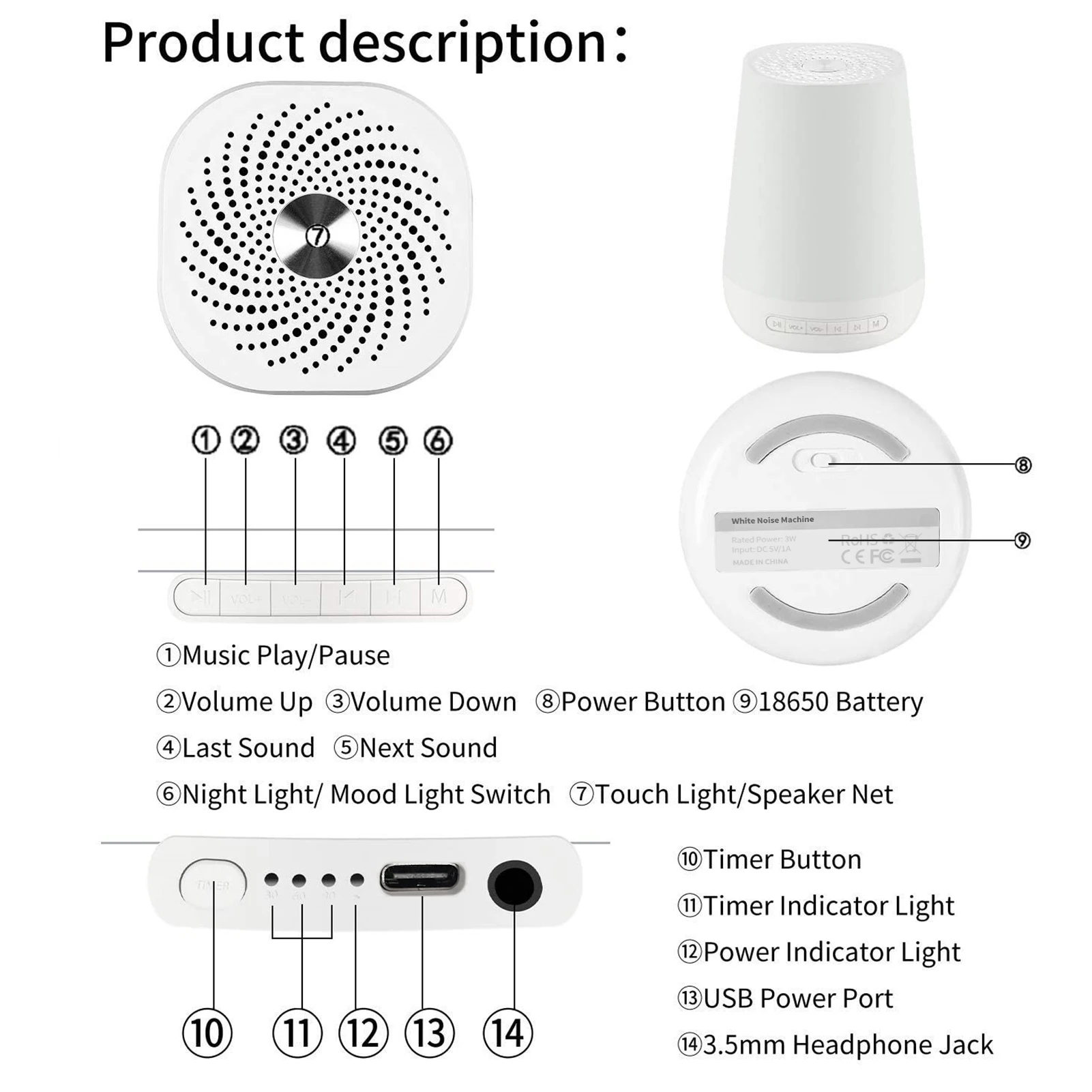Smart White Noise Machine Baby Sleep Sound Machine Colorful Night Lights 34 Soothing Sounds Supports APP Remote Control