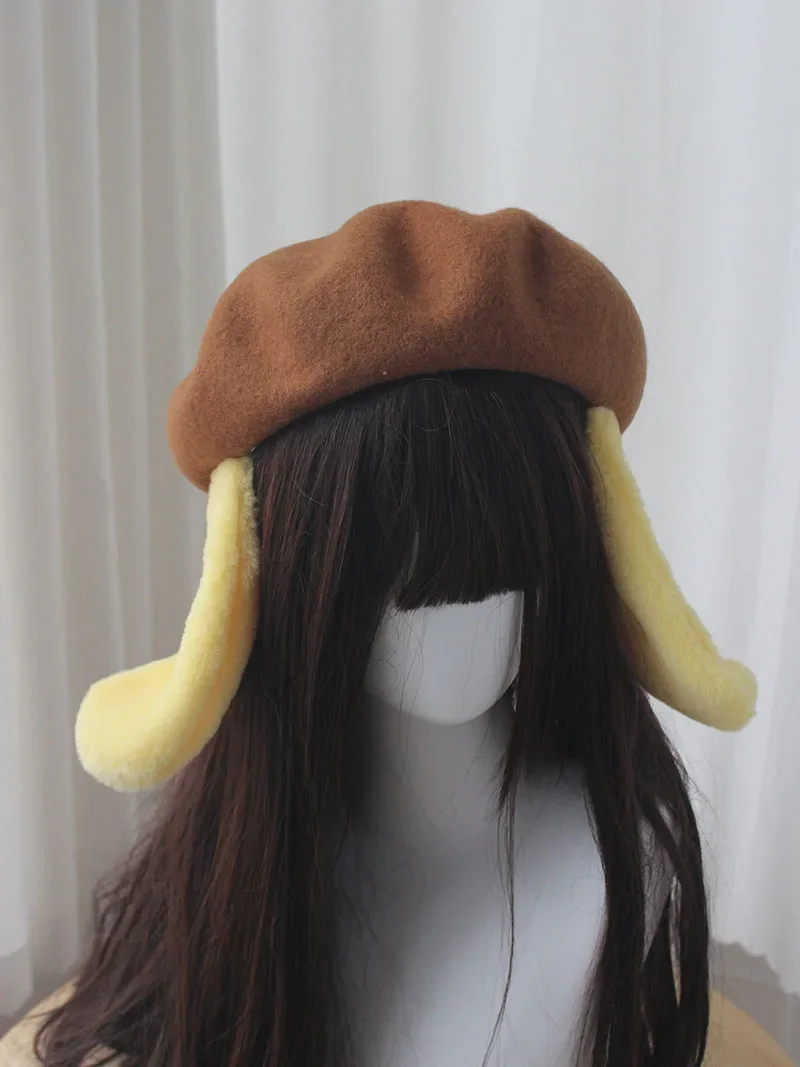JK Lolita Japanese Y2K Cute Kawaii Dog Ears Yellow Hat Pompoms Accessories Cosplay Hair Accessories Women Girls