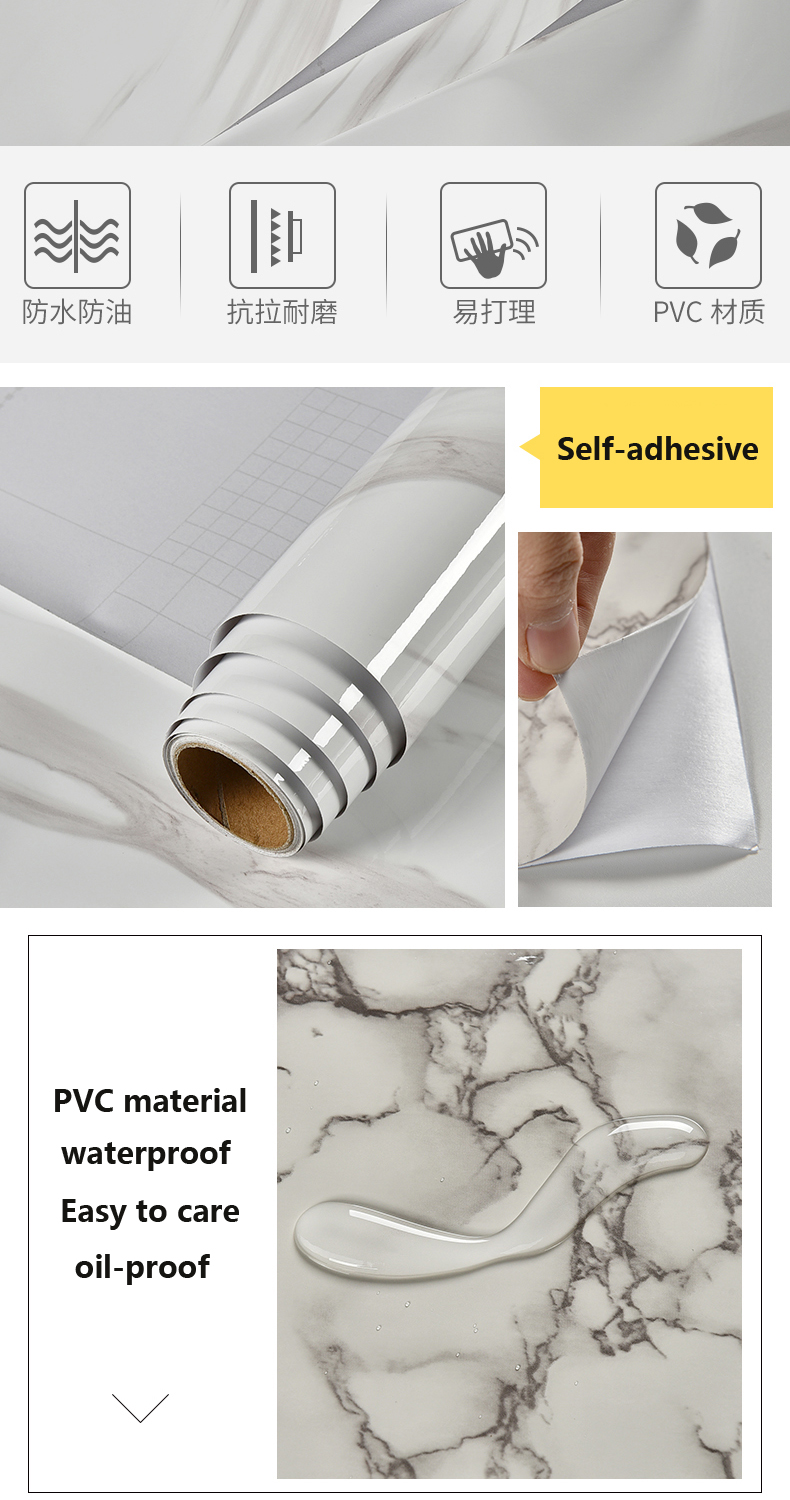 Marble Vinyl Film DIY Self Adhesive Wallpaper Bathroom Kitchen Cupboard Countertops Contact Paper PVC Waterproof Wall Stickers