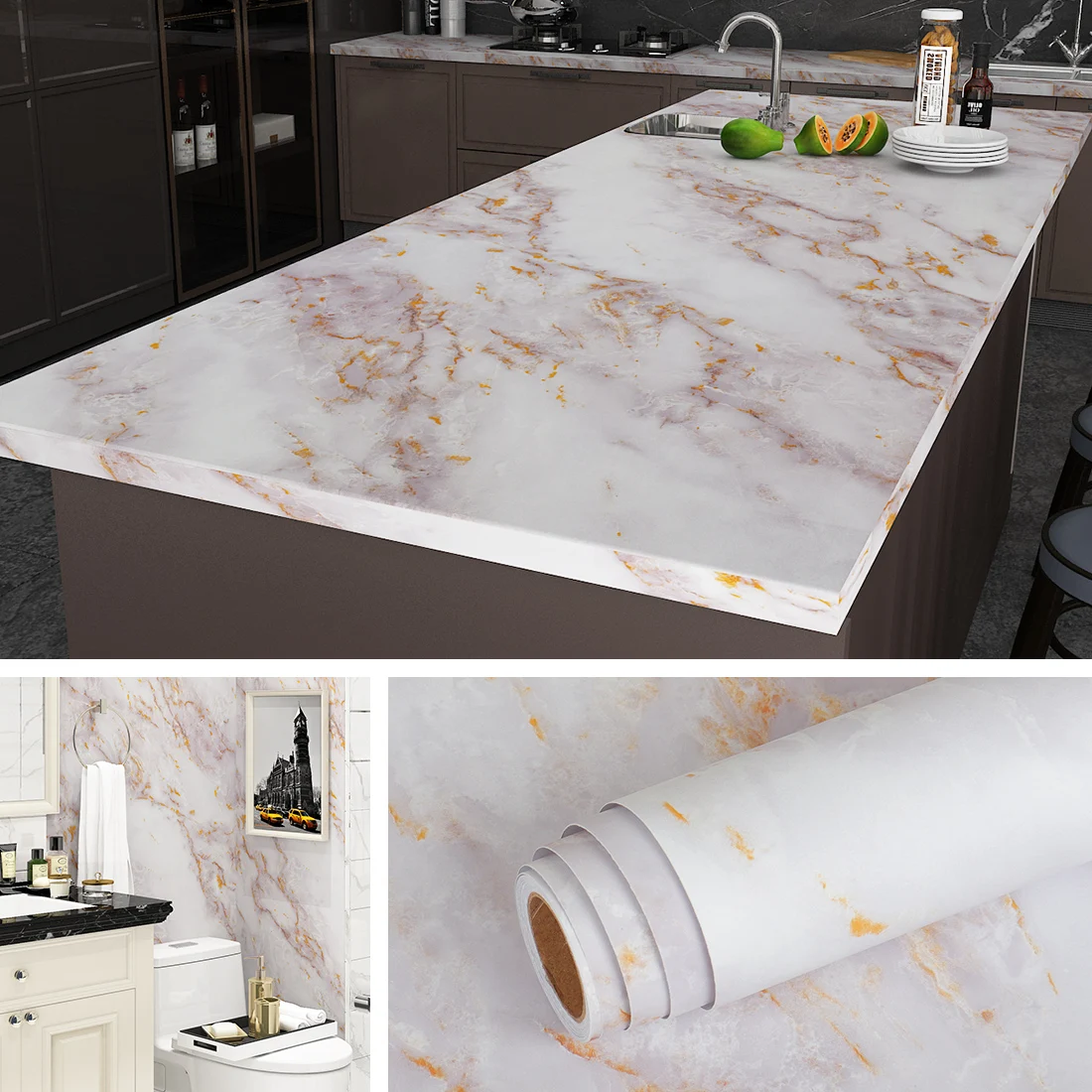 Marble Vinyl Film DIY Self Adhesive Wallpaper Bathroom Kitchen Cupboard Countertops Contact Paper PVC Waterproof Wall Stickers