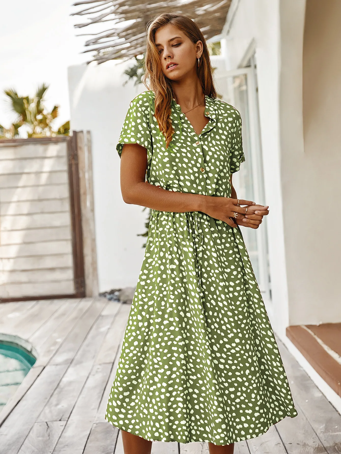 Vintage Floral Print Dress Women Boho Short Sleeve Long Dress Turn Down Collar Casual Waistband Shirt Dresses Robe 2021 Summer